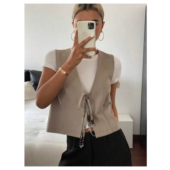 ZARA Sleeveless Linen Vest NWT | Beige Beaded Tie-Front Top Size L - Picture 14 of 16